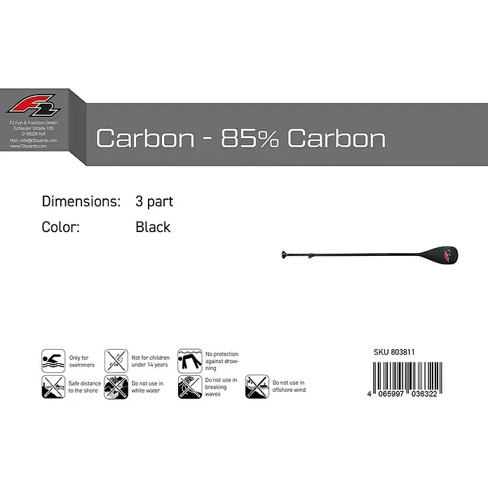 F2 SUP-Paddel Carbon - Verstellbar: 170 cm - 240 cm, 3 -tlg. - Schwarzes, 3-teiliges Paddel aus 85% Carbon.