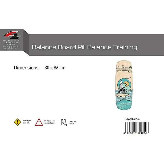 F2 Balance Board Pill Balance Training - L x B: 86 x 30 cm, Tragkraft: 120 kg - Hölzernes Balance Board mit blauen Wellengrafiken, für Gleichgewichtstraining.