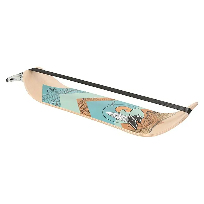 F2 Balance Board Surfline - L x B: 105 x 27,5 cm - Hölzernes Balance Board mit blauem und braunem Surfer-Design, schwarzem Gurt und einem Griff.