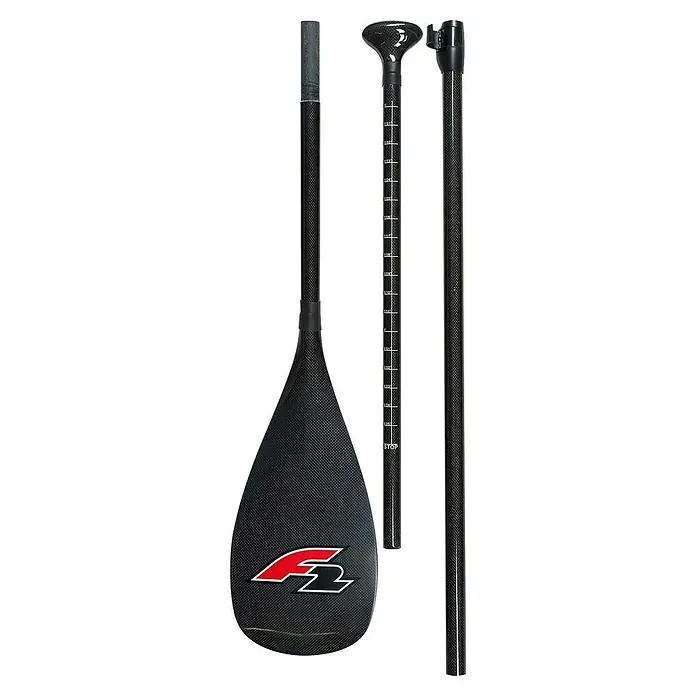 F2 SUP-Paddel Carbon - Verstellbar: 170 cm - 240 cm, 3 -tlg. - Schwarzes Carbon 3-teiliges verstellbares SUP-Paddel mit rot-weißem Logo.