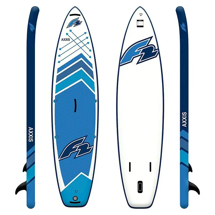 F2 SUP-Board-Set Axxis 10,5'' - L x B x H: 320 x 82 x 15 cm, Aufblasbar, Blau - Blau-weißes aufblasbares Stand-Up-Paddleboard (SUP) mit Logos und Finnen, von oben, unten und der Seite gezeigt.