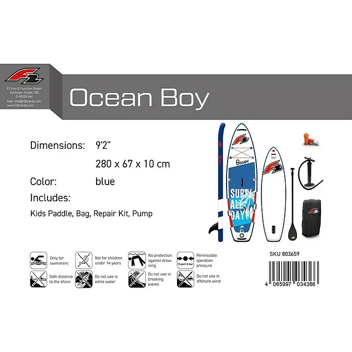 F2 SUP-Board-Set 9,2“ Junior Ocean Boy - L x B x H: 280 x 67 x 10 cm, Aufblasbar, Blau - Blaues 'Ocean Boy' Paddleboard mit Zubehör (Paddel, Tasche, Reparaturset, Pumpe) für Kinder.