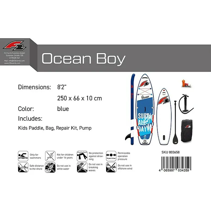 F2 SUP-Board-Set 8,2“ Junior Ocean Boy - L x B x H: 250 x 66 x 10 cm, Aufblasbar, Blau - Blau-weißes F2 Ocean Boy Stand-Up Paddleboard-Set für Kinder, inklusive Board, Paddel, Pumpe und Tasche.