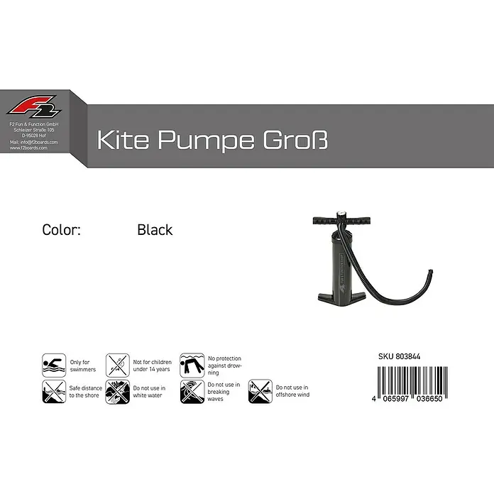 F2 Doppelhub-Kolben-Pumpe Kite - 2.900 cm³ - Schwarze manuelle Kite-Pumpe mit Schlauch.