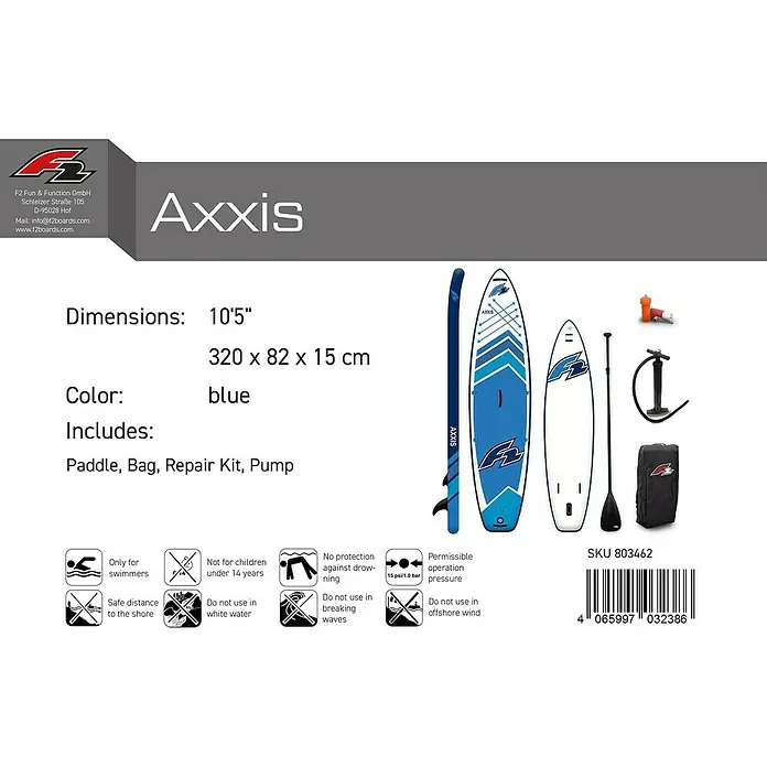 F2 SUP-Board-Set Axxis 10,5'' - L x B x H: 320 x 82 x 15 cm, Aufblasbar, Blau - Blaues Axxis Stand-Up Paddleboard (10'5") mit Paddel, Tasche, Reparaturset und Pumpe.