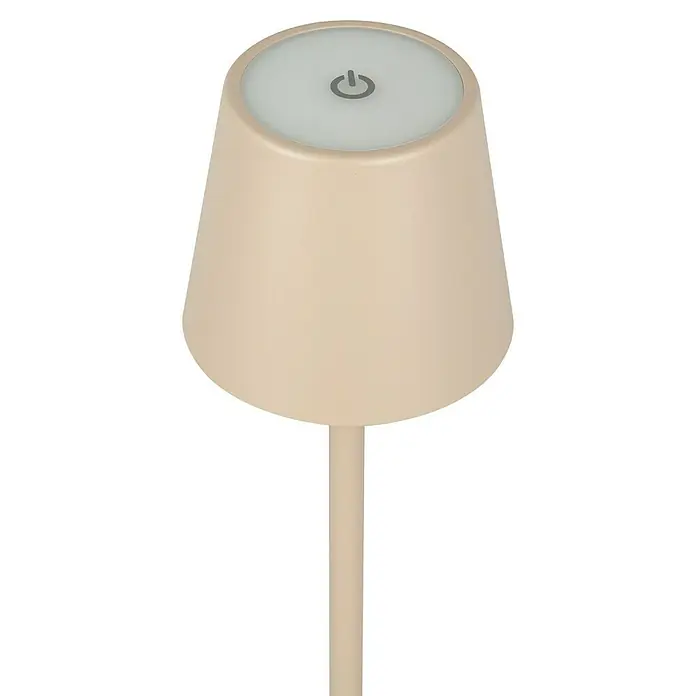 Starlux Paola Akku-Tischleuchte - 3 Stk., 1,6 W, L x B x H: 8,6 x 8,6 x 27 cm, Warmweiß, Sand - Nahaufnahme einer beigefarbenen kabellosen Tischleuchte mit rundem, weißem Touch-Schalter oben auf dem Lampenschirm.