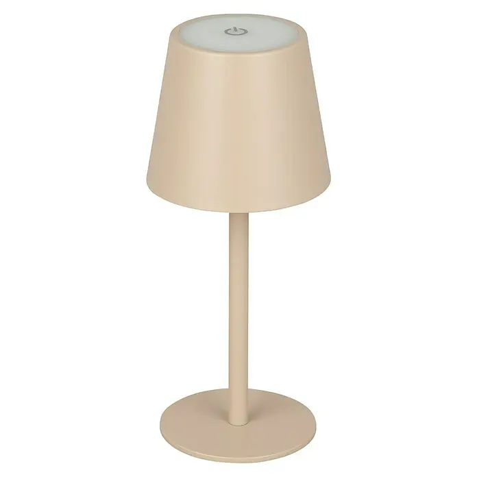 Starlux Paola Akku-Tischleuchte - 3 Stk., 1,6 W, L x B x H: 8,6 x 8,6 x 27 cm, Warmweiß, Sand - Eine beigefarbene Tischleuchte mit rundem Fuß, zylindrischem Schaft und kegelförmigem Lampenschirm mit einem weißen Powerbutton obenauf.