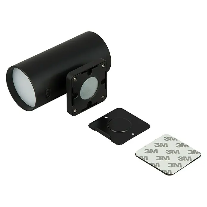 Starlux Akku-Wandleuchte Avio - 2,6 W, 7,1 x 5,3 x 11 cm, IP44, Schwarz - Nahaufnahme einer schwarzen LED-Lampe mit magnetischer Halterung und doppelseitigem 3M-Klebeband für flexible Montage.