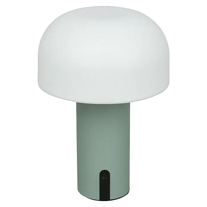 Starlux Akku-Tischleuchte Pilz - 1 W, L x B x H: 22 x 15 x 15 cm, RGBW, Grün - Stilvolle Tischleuchte mit einem weißen, pilzförmigen Lampenschirm und einem hellgrünen, zylindrischen Fuß mit einem schwarzen Detail.