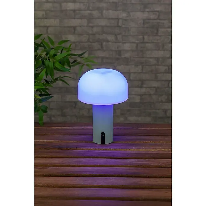 Starlux Akku-Tischleuchte Pilz - 1 W, L x B x H: 22 x 15 x 15 cm, RGBW, Grün - Nahaufnahme einer pilzförmigen Lampe, die auf einem Holztisch steht. Sie strahlt ein beruhigendes blaues Licht aus.