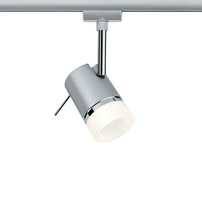 Paulmann URail LED-Spot PipeGU10, Chrom matt - Silberner Strahler an einer Metallschiene. Das moderne Design sorgt für eine helle und zielgerichtete Beleuchtung im Raum.