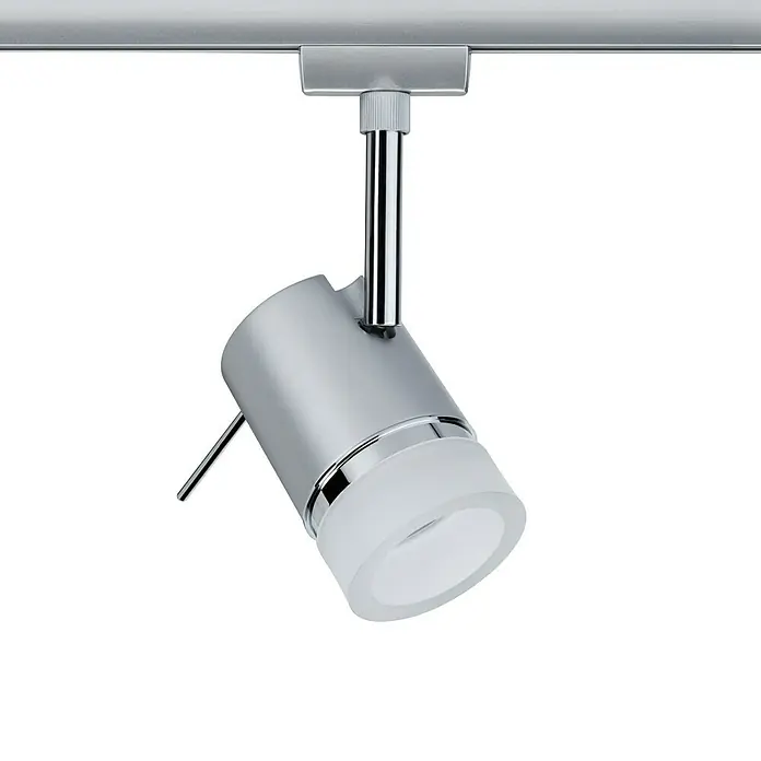 Paulmann URail LED-Spot PipeGU10, Chrom matt - Eine silberne LED-Strahlerlampe an einer Metallschiene, ideal für die Akzentbeleuchtung in modernen Räumen.