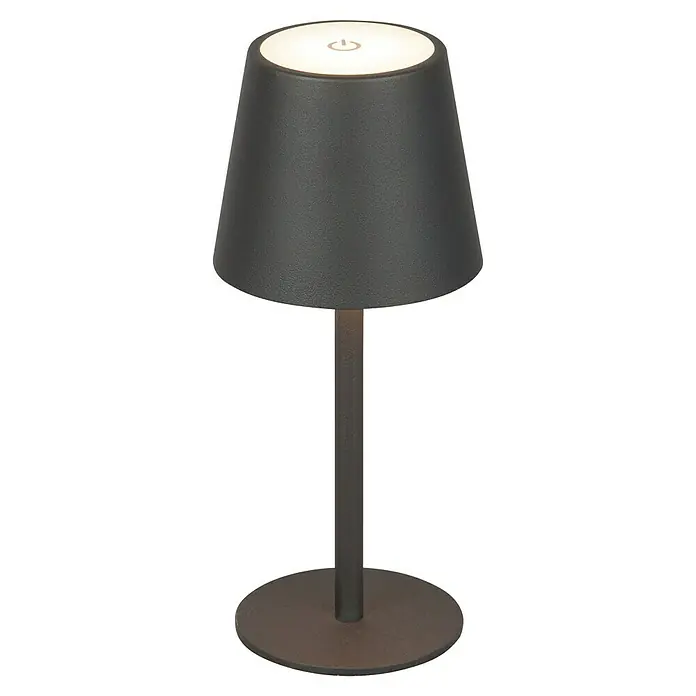 Starlux Paola Akku-Tischleuchte - 3 Stk., 1,6 W, L x B x H: 8,6 x 8,6 x 27 cm, Warmweiß, Schwarz - Nahaufnahme einer modernen Tischleuchte mit Lampenschirm und Schalter oben, ideal für eine stilvolle Beleuchtung des Innenraums.
