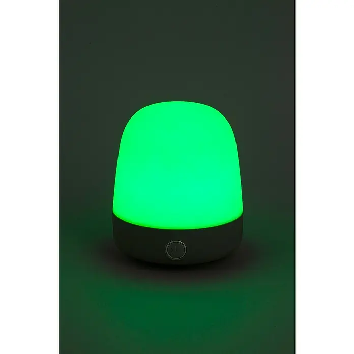 Starlux Akku-Tischleuchte Mini - L x B x H: 10 x 10 x 12 cm, Light Grey, RGBW, 0,3 W, IP44 - Grüne Nachttischlampe mit einem Schalter an der unteren grauen Basis, die ein sanftes Licht für eine entspannende Atmosphäre ausstrahlt.