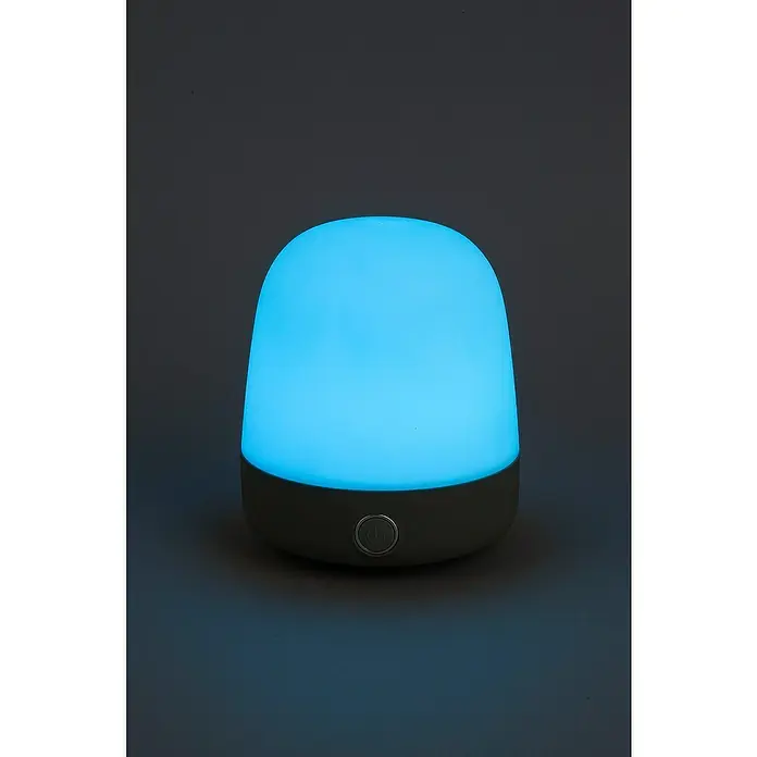 Starlux Akku-Tischleuchte Mini - L x B x H: 10 x 10 x 12 cm, Light Grey, RGBW, 0,3 W, IP44 - Niedliche blaue Nachttischlampe mit einem runden, hellgrauen Sockel und einem Knopf zum Ein- und Ausschalten der Lampe.