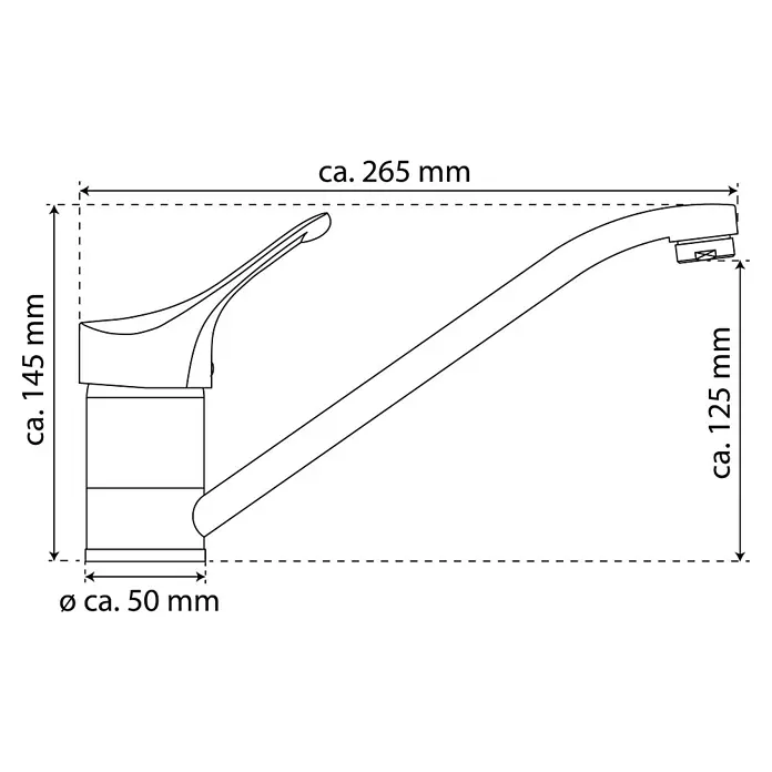 Camargue Spültischarmatur Attica - Niederdruck, Chrom, Glänzend - Abbildung einer Küchenarmatur mit Maßangaben, ca. 265 mm breit und 145 mm hoch, mit einem Durchmesser von ca. 50 mm am Sockel und 125 mm am Auslauf.