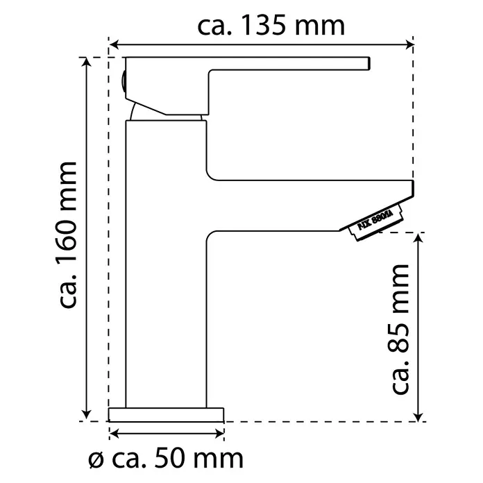 Camargue Alicante Waschtischarmatur - Edelstahloptik, Matt - Schemazeichnung eines Wasserhahns mit Maßangaben für Höhe, Ausladung und Durchmesser der Basis.