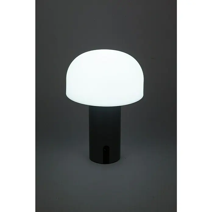 Starlux Akku-Tischleuchte Pilz - 1 W, L x B x H: 22 x 15 x 15 cm, RGBW, Grau - Nahaufnahme einer modernen Pilzlampe mit einem leuchtenden, halbkugelförmigen Lampenschirm und einem zylindrischen Sockel.