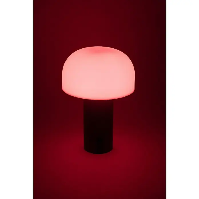 Starlux Akku-Tischleuchte Pilz - 1 W, L x B x H: 22 x 15 x 15 cm, RGBW, Grau - Rote Pilzlampe. Eine moderne, pilzförmige Lampe mit einem leuchtend roten Schirm und einem dunklen Sockel, ideal für stimmungsvolle Beleuchtung.
