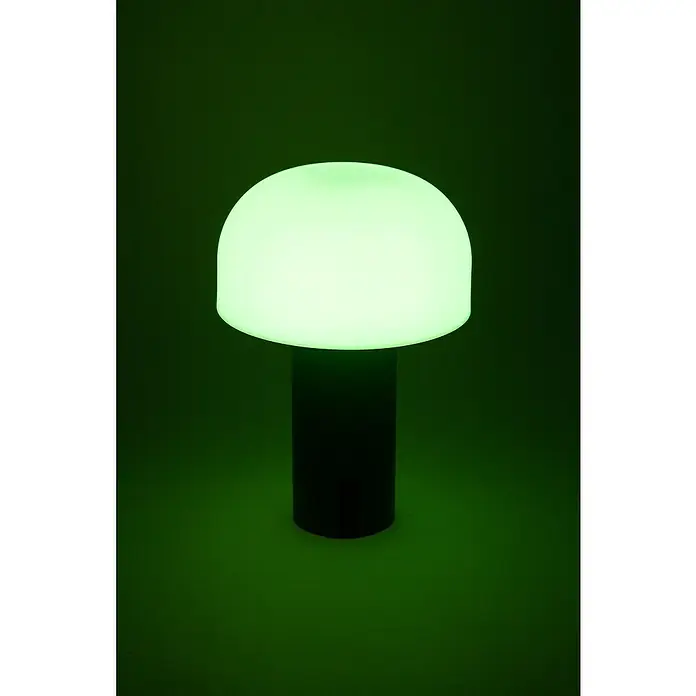 Starlux Akku-Tischleuchte Pilz - 1 W, L x B x H: 22 x 15 x 15 cm, RGBW, Grau - Pilzleuchte mit schwarzem Sockel und leuchtend grünem, kugelförmigem Schirm, die ein sanftes, einladendes Licht ausstrahlt.