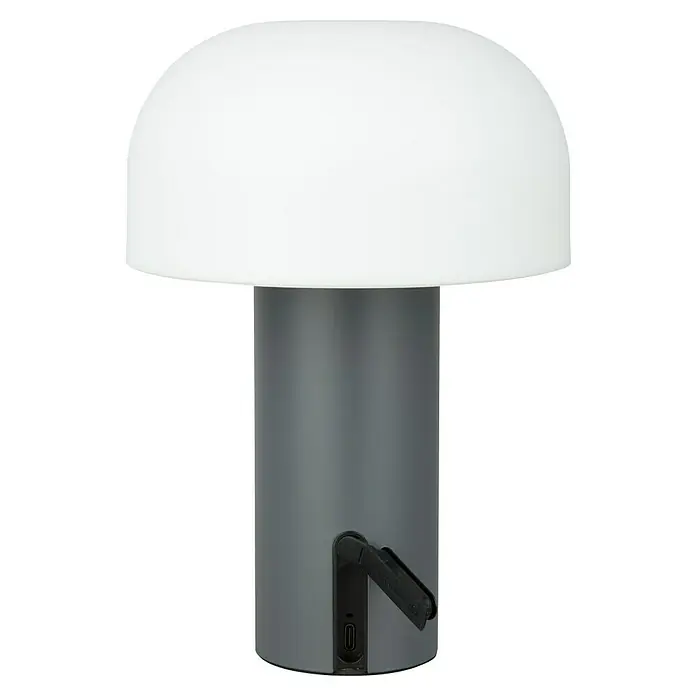 Starlux Akku-Tischleuchte Pilz - 1 W, L x B x H: 22 x 15 x 15 cm, RGBW, Grau - Tischlampe mit Pilzdesign. Die Lampe hat einen grauen zylindrischen Körper und einen runden, milchig-weißen Lampenschirm.