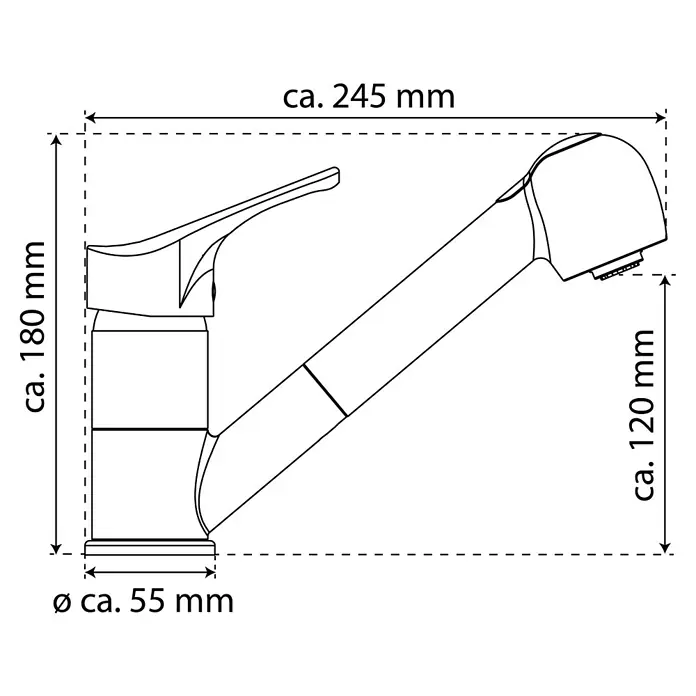 Camargue Spültischarmatur Attica -  - Abbildung einer Küchenarmatur mit den Maßen ca. 245 mm Breite, ca. 180 mm Höhe und einem Basisdurchmesser von ca. 55 mm.