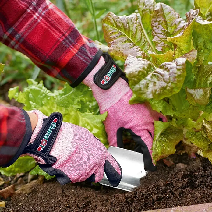 Gardol Gartenhandschuhe Pflanzen - 8, Pink - Nahaufnahme von Händen in Gardlov-Gartenhandschuhen, die eine Pflanze mit einer kleinen Schaufel aus der Erde nehmen.