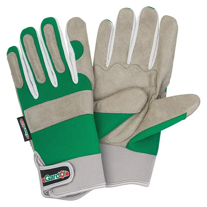 Gardol Gartenhandschuhe Geräte - 9, Grün - Ein Paar strapazierfähige Gartenhandschuhe in Grün und Grau, ideal für Gartenarbeiten und zum Schutz der Hände vor Verletzungen.