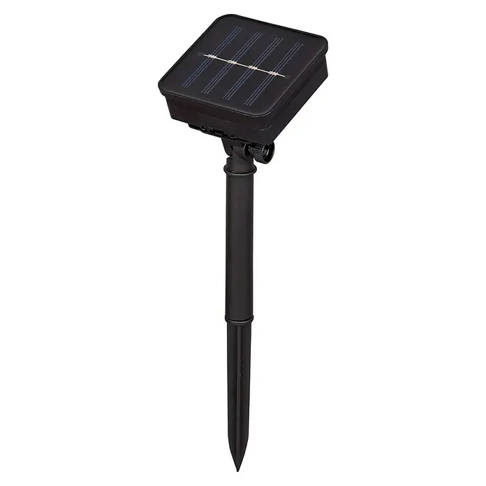 BAUHAUS LED-Solar-Lichterkette Balls - Außen, 510 cm, Warmweiß - Schwarzer Solarpanel-Erdspieß mit rechteckigem Solarpanel oben und einem Drehknopf zur Winkelverstellung, ideal für Gartenbeleuchtung.