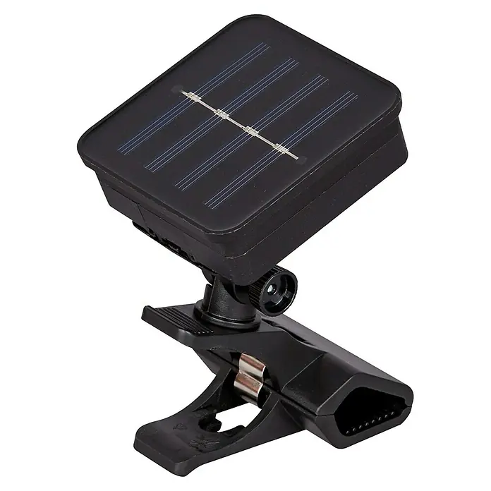 BAUHAUS LED-Solar-Lichterkette Balls - Außen, 510 cm, Warmweiß - Solarpanel-Leuchte mit Clip zur Befestigung. Das Solarpanel ist schwarz und hat einen silbernen Rahmen, der Clip ist ebenfalls schwarz.