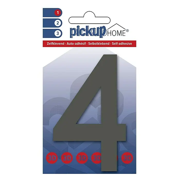 Pickup 3D Home Hausnummer Rio - Motiv: 4, Höhe: 10 cm, Grau, Kunststoff, Selbstklebend - Das Bild zeigt eine selbstklebende Hausnummer 4 von Pickup Home. Ideal zur Kennzeichnung Ihrer Hausnummer, einfach anzubringen.