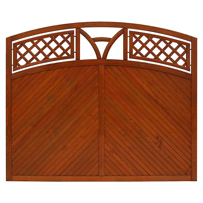 Andrewex Sichtschutzelement Toulon - Mit Bogen, Teak - Braunes Holztor mit diagonalen Brettern und einem dekorativen Gitteraufsatz.