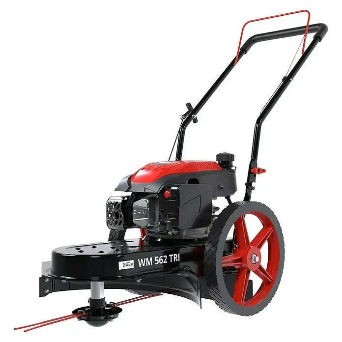 Güde Benzin-Rasenmäher 562 TRI - 3 kW - 4 kW, 170 cm³ - Ein rot-schwarzer Rad-Motorsense mit robustem Motor und großen roten Rädern.