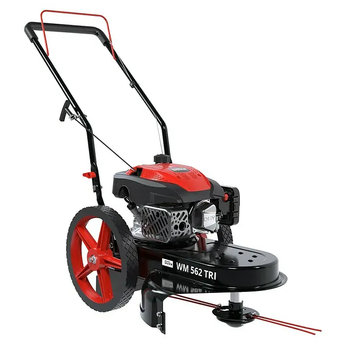 Güde Benzin-Rasenmäher 562 TRI - 3 kW - 4 kW, 170 cm³ - Rot-schwarzer benzinbetriebener Rad-Freischneider mit großen roten Rädern und schwarzem Gestell, bereit zum Mähen.