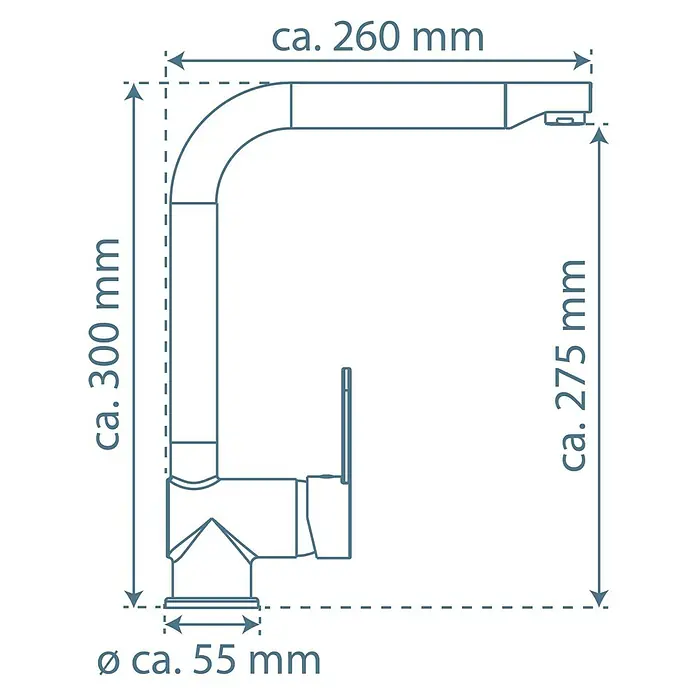 Camargue Spültischarmatur Barcelona - Edelstahl, Matt - Abbildung einer Küchenarmatur mit Maßangaben für Höhe (ca. 300 mm und 275 mm), Ausladung (ca. 260 mm) und Basisdurchmesser (ca. 55 mm).