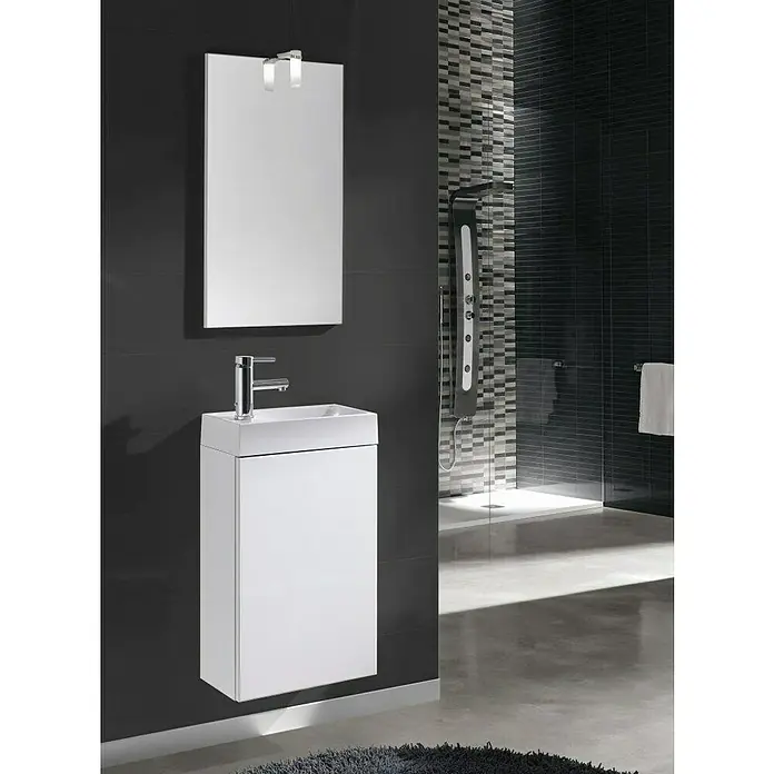 Riva Badmöbel-Set Young - 40 cm, Weiß, Glänzend - Modernes Badezimmer-Interieur mit einem schwebenden Waschbeckenunterschrank in Weiß und einem passenden Spiegel mit Beleuchtung. Elegantes Design für ein stilvolles Bad.