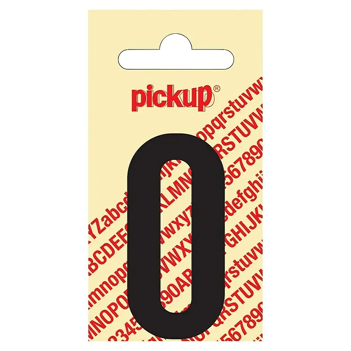 Pickup Aufkleber - Motiv: O, Schwarz, Höhe: 60 mm - Abbildung einer Verpackung mit einem schwarzen Aufkleber in Form der Zahl Null von Pickup, ideal für Beschriftungen.