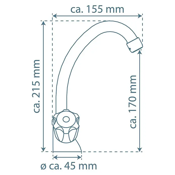 Mixomat Waschtischarmatur Brillant - Niederdruck, Chrom, Glänzend - Produktbild einer Armatur mit den Maßen ca. 215 mm Höhe, ca. 155 mm Ausladung und ca. 45 mm Durchmesser.
