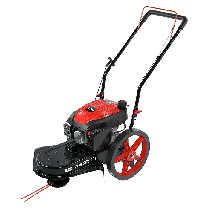 Güde Benzin-Rasenmäher 562 TRI - 3 kW - 4 kW, 170 cm³ - Roter und schwarzer Radtrimmer mit großen roten Rädern und ergonomischem Griff.