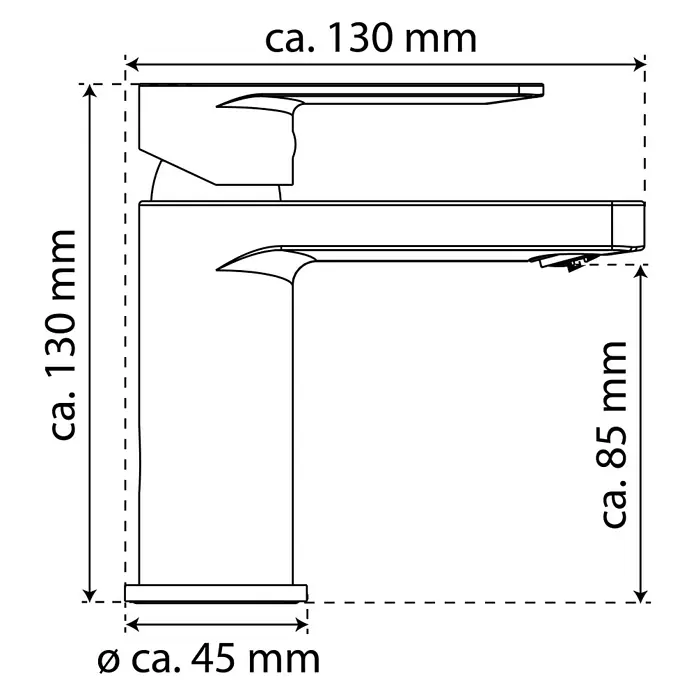 Camargue Waschtischarmatur Cadiz - Chrom, Glänzend - Technische Zeichnung einer Armatur mit Maßangaben: ca. 130 mm Höhe und Breite, ca. 85 mm Ausladung, Ø ca. 45 mm Basis.