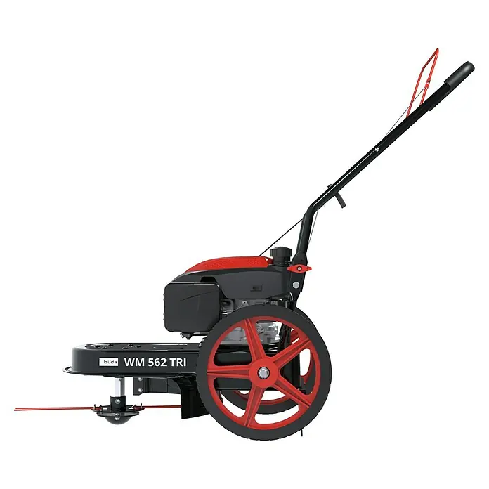 Güde Benzin-Rasenmäher 562 TRI - 3 kW - 4 kW, 170 cm³ - Roter und schwarzer motorisierter Linienmarkierer mit großen Rädern und langem Griff, mit einer Schnur vorne zum Markieren.