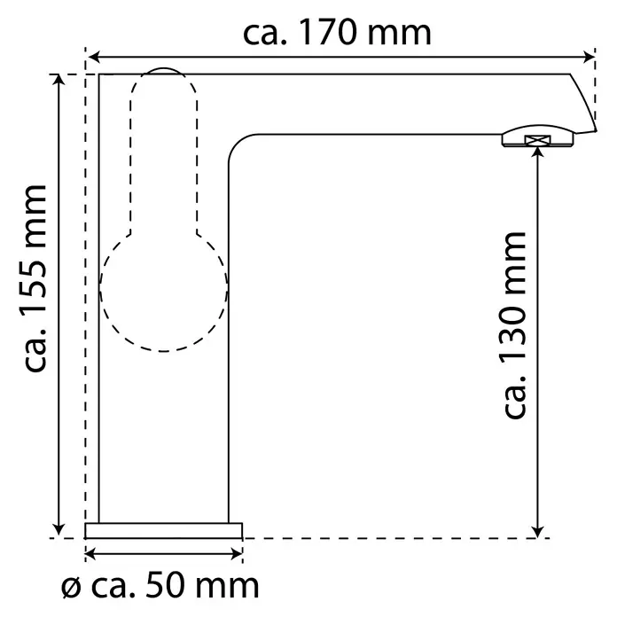 Camargue Waschtischarmatur Bilbao - Chrom, Glänzend - Abbildung einer Armatur mit Maßangaben. Die Höhe beträgt ca. 155 mm, die Ausladung ca. 170 mm und der Durchmesser des Fußes ca. 50 mm.
