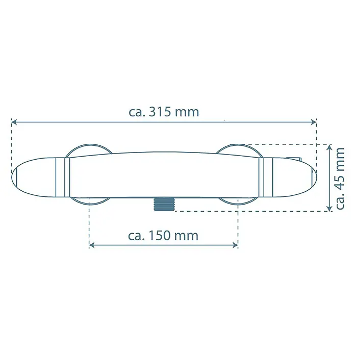 Camargue Calios Thermostatarmatur - Breite: 309 mm, Chrom, Glänzend - Maßzeichnung des Thermostatmischers mit den Abmessungen ca. 315 mm Länge und ca. 45 mm Höhe, sowie einem Abstand von ca. 150 mm.