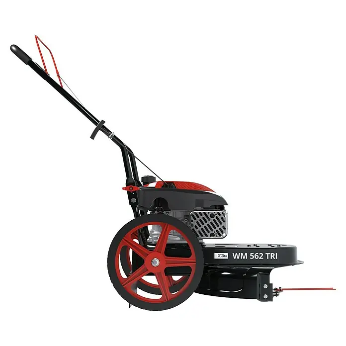 Güde Benzin-Rasenmäher 562 TRI - 3 kW - 4 kW, 170 cm³ - Schwarz-rotes Linienmarkierungsgerät mit großen roten Speichenrädern, roter Abdeckung und schwarzem Griff.