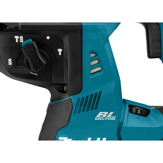 Makita XGT 40V max. Martillo combinado de batería HR003GZ - 40 V, Sin batería, 2,8 J - Primer plano de un taladro inalámbrico Makita con motor BL y varias opciones de configuración para uso profesional.