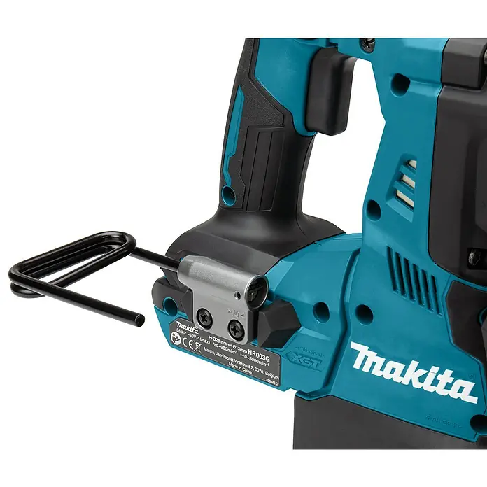 Makita XGT 40V max. Martillo combinado de batería HR003GZ - 40 V, Sin batería, 2,8 J - Primer plano de un martillo rotativo Makita azul y negro, diseñado para tareas de construcción y renovación.