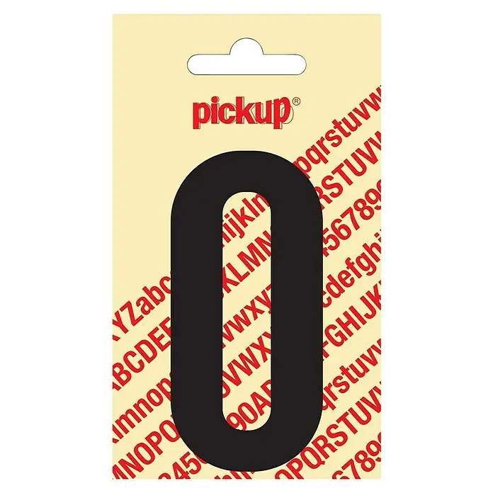 Pickup Aufkleber - Motiv: 0, Schwarz, Höhe: 90 mm - Auf dem Bild ist das Produkt "Pickup" zu sehen, eine Packung mit einem schwarzen Buchstaben "O", umgeben von roten Buchstaben und Zahlen.