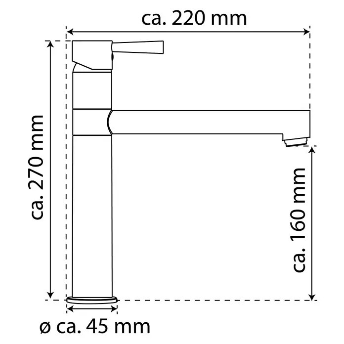 Camargue Spültischarmatur Burgos - Edelstahl, Matt - Produktabbildung: Armatur mit den Maßen ca. 220 mm Breite, 270 mm Höhe, 160 mm Ausladung und einem Durchmesser von ca. 45 mm.