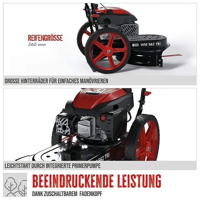 Güde Benzin-Rasenmäher 562 TRI - 3 kW - 4 kW, 170 cm³ - Roter und schwarzer Güde WM 562 TRI Rasenmäher mit großen Hinterrädern und integrierter Primerpumpe für einfaches Starten und Manövrieren.