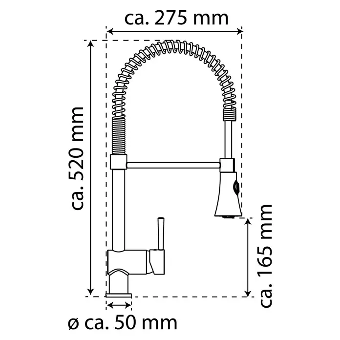 Camargue Merida Spültischarmatur - Ausziehbar, Chrom, Glänzend - Abbildung einer Küchenarmatur mit Spiralfeder und den Maßen 275 mm Breite, 520 mm Höhe, 165 mm Ausladung und 50 mm Durchmesser.